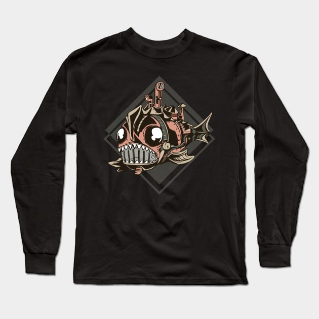 Steampunk Industrial Robotic Piranha Fish Mechanofish Scrap Metal Art Long Sleeve T-Shirt by OfCA Design